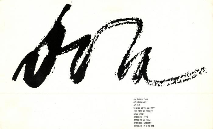 Announcements and invitations depicts: The name Dora written large in black brushstrokes with exhibition details below