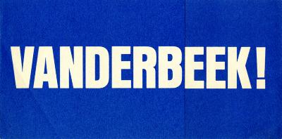 Cards depicts: the name vanderbeek in white, all-caps, followed by an exclamation point, on a blue background