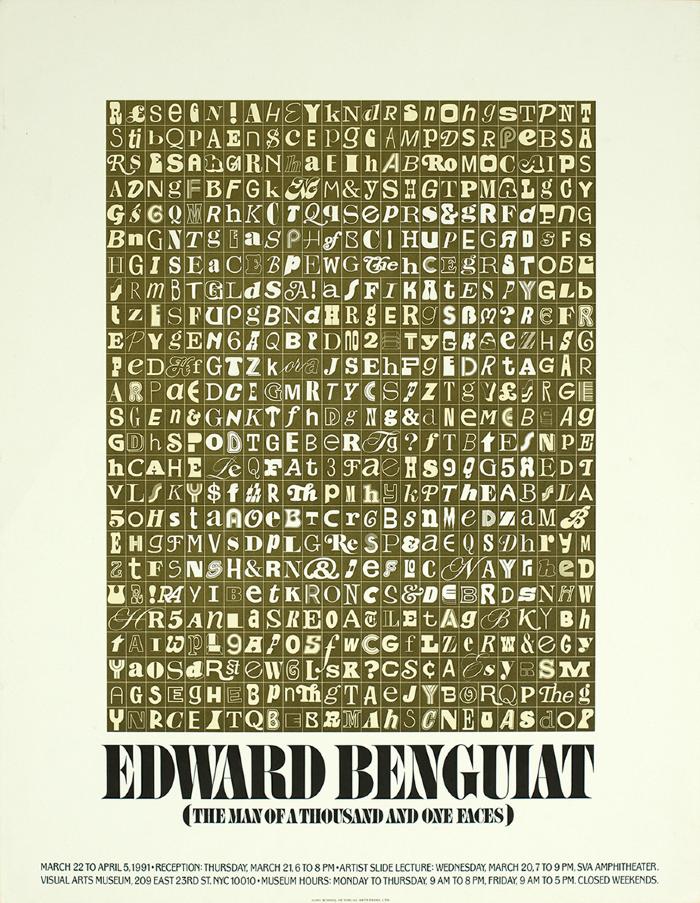 Posters depicts: large grid of different letters in various typefaces above exhibition details 