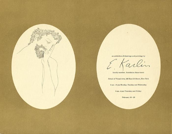 Announcements and invitations depicts: Two ovals, one containing drawing of bearded man, the other exhibition information