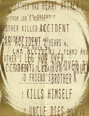 Posters depicts: Fragmented descriptions of injuries with exhibition title in small typeface off-center