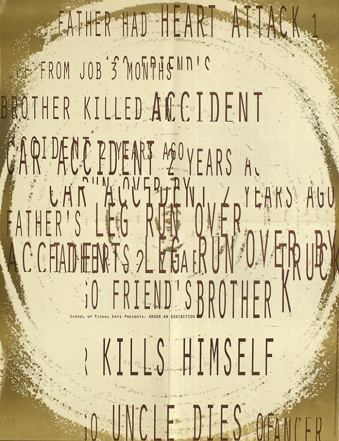 Posters depicts: Fragmented descriptions of injuries with exhibition title in small typeface off-center
