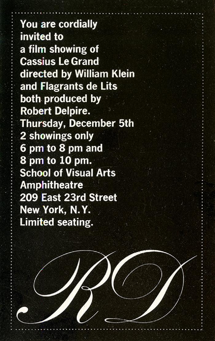 Announcements and invitations depicts: A capital R and D in script typeface beneath opening information