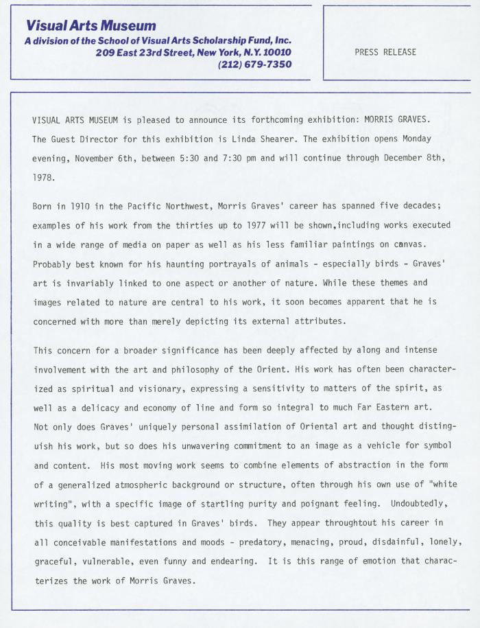 Press Releases depicts: Typewritten description of exhibition
