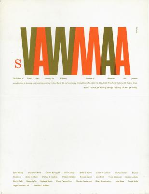 Posters depicts: George Tscherny's S V A logo restyled to spell "SVAWMAA" in alternating green and orange type with exhibition details below.