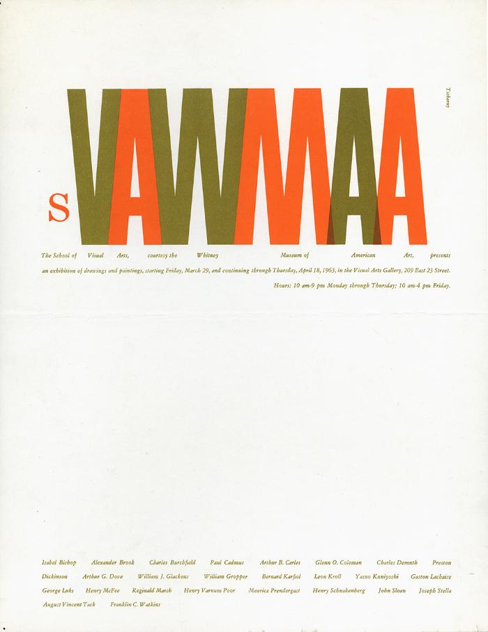 Posters depicts: George Tscherny's S V A logo restyled to spell "SVAWMAA" in alternating green and orange type with exhibition details below.