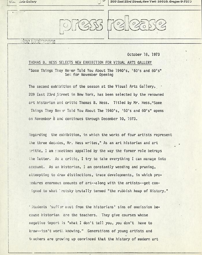 Press Releases depicts: Typewritten description of exhibition