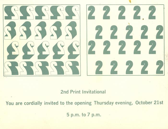 Announcements and invitations depicts: Right half shows four rows of the numeral two in black type, while left half mirrors rows in three-dimensional white type with black sides above exhibition opening details
