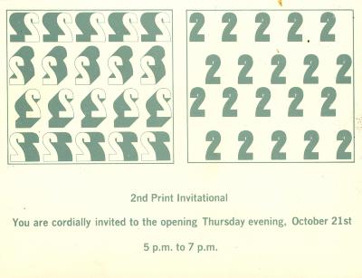 Announcements and invitations depicts: Right half shows four rows of the numeral two in black type, while left half mirrors rows in three-dimensional white type with black sides above exhibition opening details