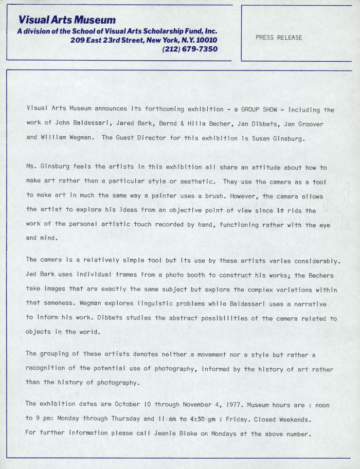 Press Releases depicts: Typewritten description of exhibition