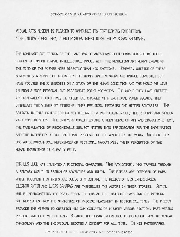 Press Releases depicts: Typewritten description of exhibition