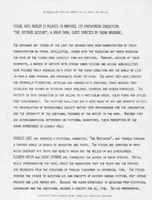 Press Releases depicts: Typewritten description of exhibition