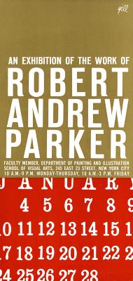 Announcements and invitations depicts: upper two thirds of card is gold with exhibition details in white text, bottom third detail of January calendar, white text on red