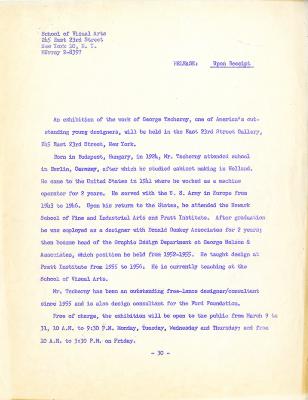 Press Releases depicts: Typewritten bio of the artist