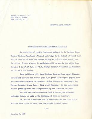 Press Releases depicts: Typewritten bio of the artist