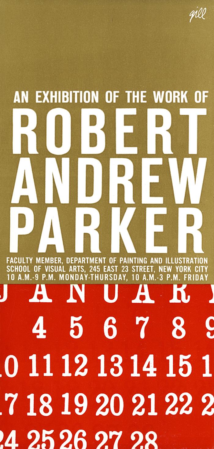 Announcements and invitations depicts: upper two thirds of card is gold with exhibition details in white text, bottom third detail of January calendar, white text on red