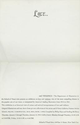 Posters depicts: The word love and two dots in a script typeface at the top of the poster, far below are the words and violence followed by exhibition details
