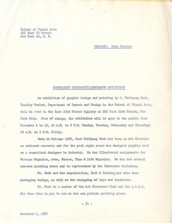 Press Releases depicts: Typewritten bio of the artist