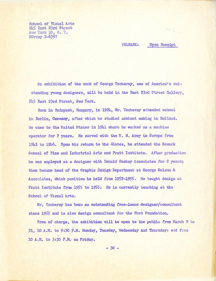 Press Releases depicts: Typewritten bio of the artist