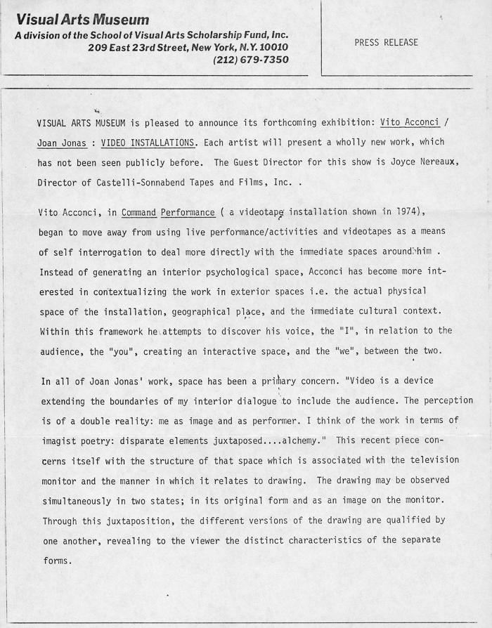 Press Releases depicts: Typewritten description of exhibition