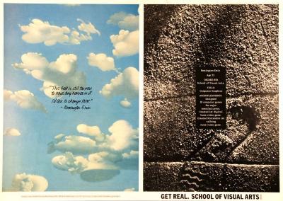 Advertisements depicts: On the left is an illustration of white clouds in a blue sky, on the right is the imprint of a shoe in asphalt  