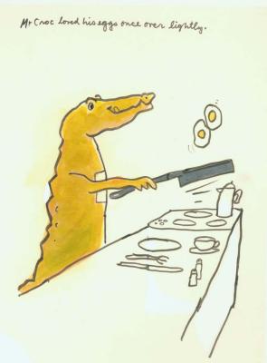 Original Art depicts: Cartoon illustration of a crocodile cooking two fried eggs