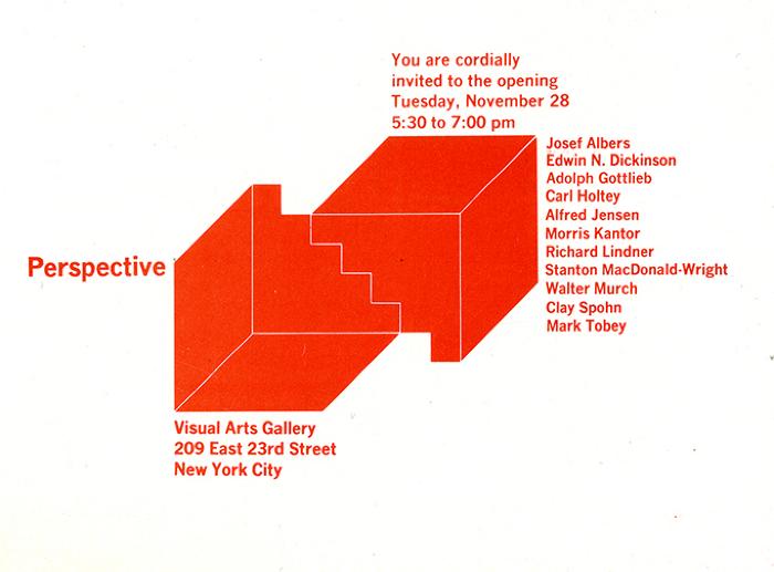 Announcements and invitations depicts: Two cube shapes, both red, of ambiguous perspective, with opening reception details and list of participating artists