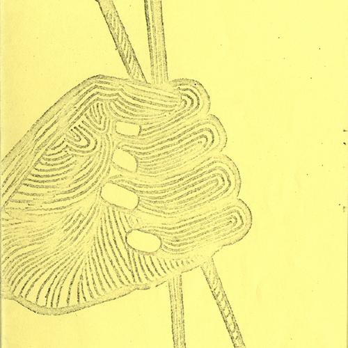 Exhibition Catalogues depicts: Brochure cover with hand holding 2 paintbrushes