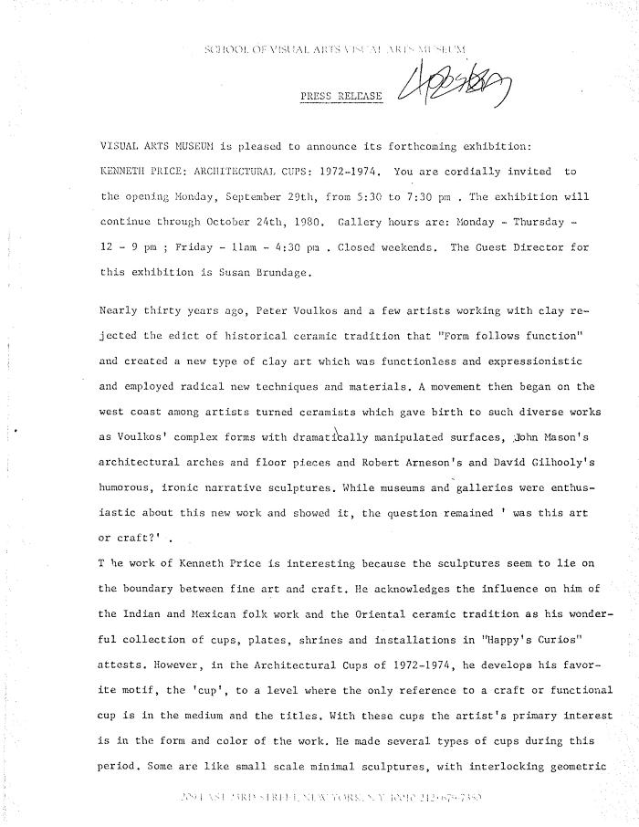 Press Releases depicts: Typewritten description of exhibition