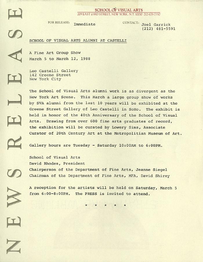 Press Releases depicts: Typewritten document describing exhibition