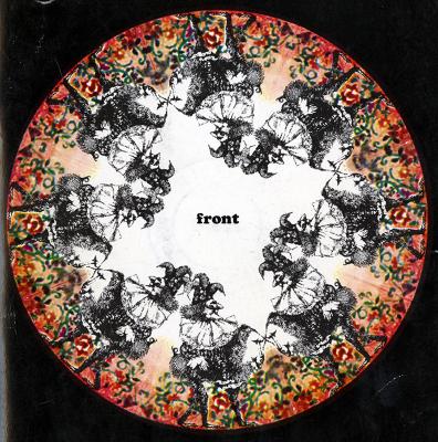 Exhibition Catalogues depicts: kaleidoscope design with a drawing of a jester riding a baboon mirrored in a circle, the word front is printed in the center