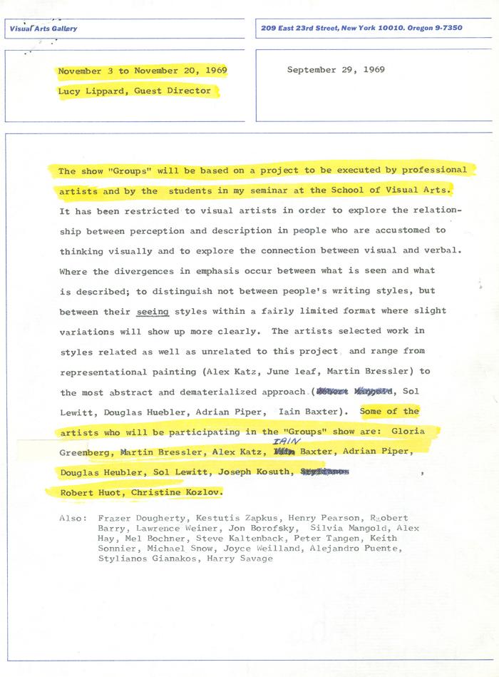 Press Releases depicts: typed press release on Visual Arts Gallery letterhead