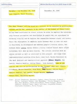 Press Releases depicts: typed press release on Visual Arts Gallery letterhead