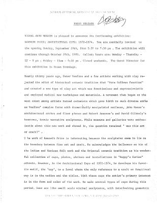 Press Releases depicts: Typewritten description of exhibition