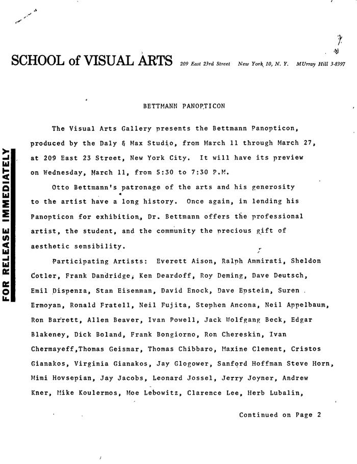 Press Releases depicts: press release on school of visual arts letterhead