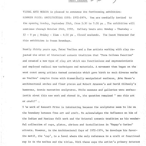 Press Releases depicts: Typewritten description of exhibition