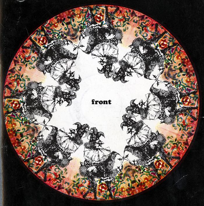 Exhibition Catalogues depicts: kaleidoscope design with a drawing of a jester riding a baboon mirrored in a circle, the word front is printed in the center
