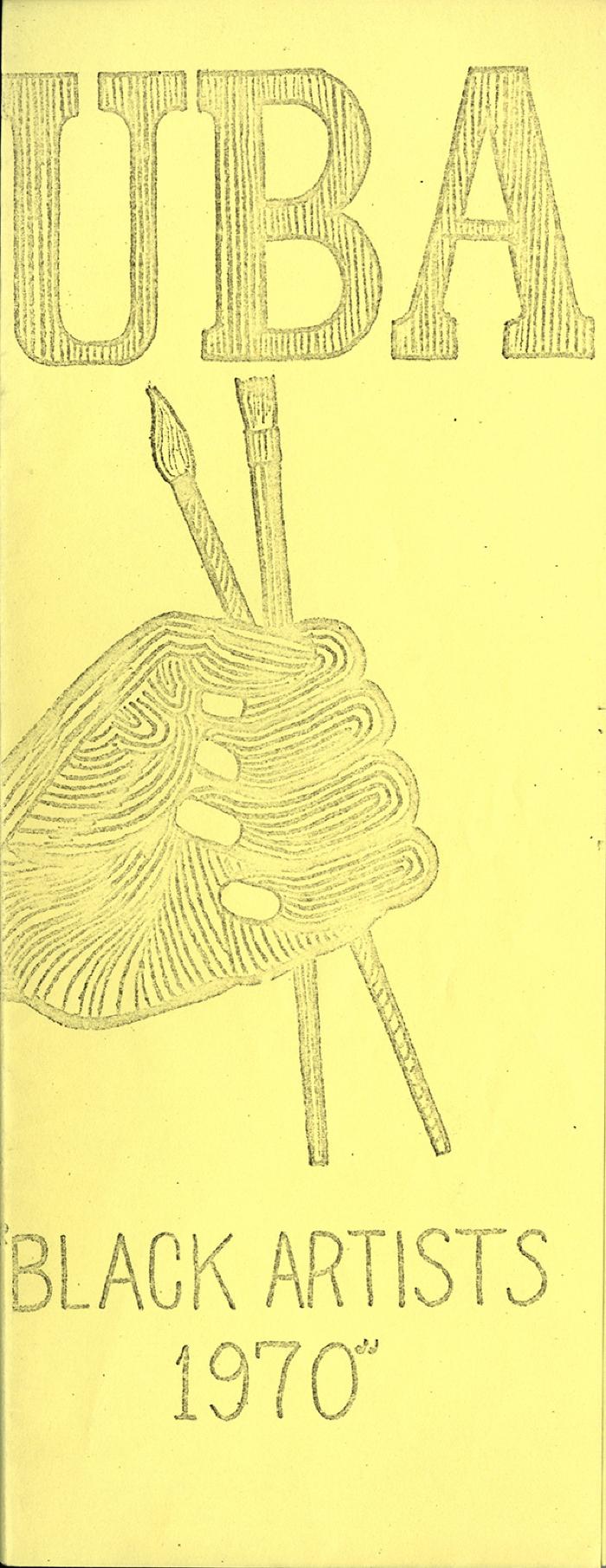 Exhibition Catalogues depicts: Brochure cover with hand holding 2 paintbrushes