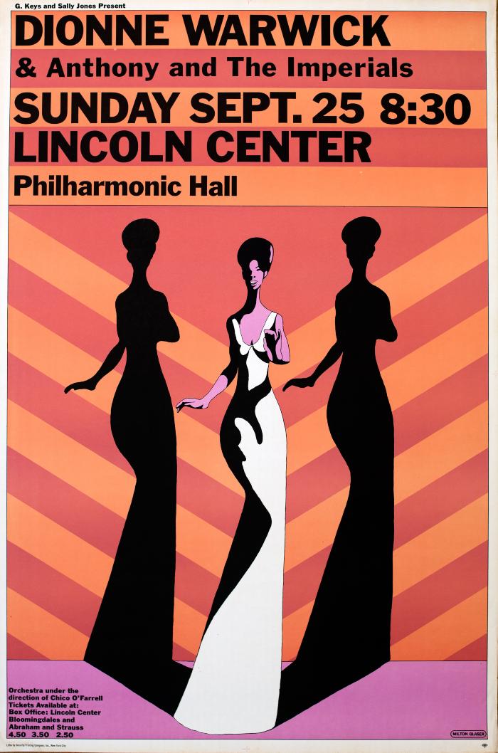 Posters depicts: Dionne Warwick against orange chevron background with two shadows behind her