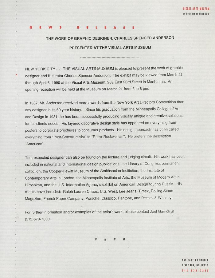 Prints depicts: typed press release on Visual Arts Gallery letterhead