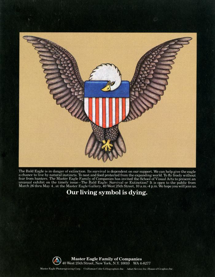 Posters depicts: Eagle with head bowed over patch representing American flag