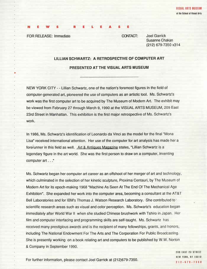 Press Releases depicts: typed press release on Visual Arts Museum letterhead