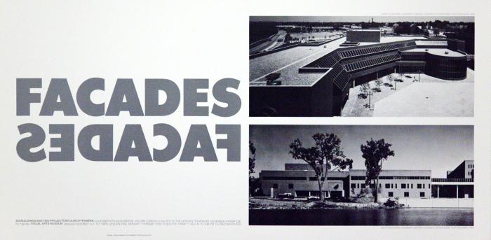 Posters depicts: Two black and white photographs of buildings, and title of show with mirror image type