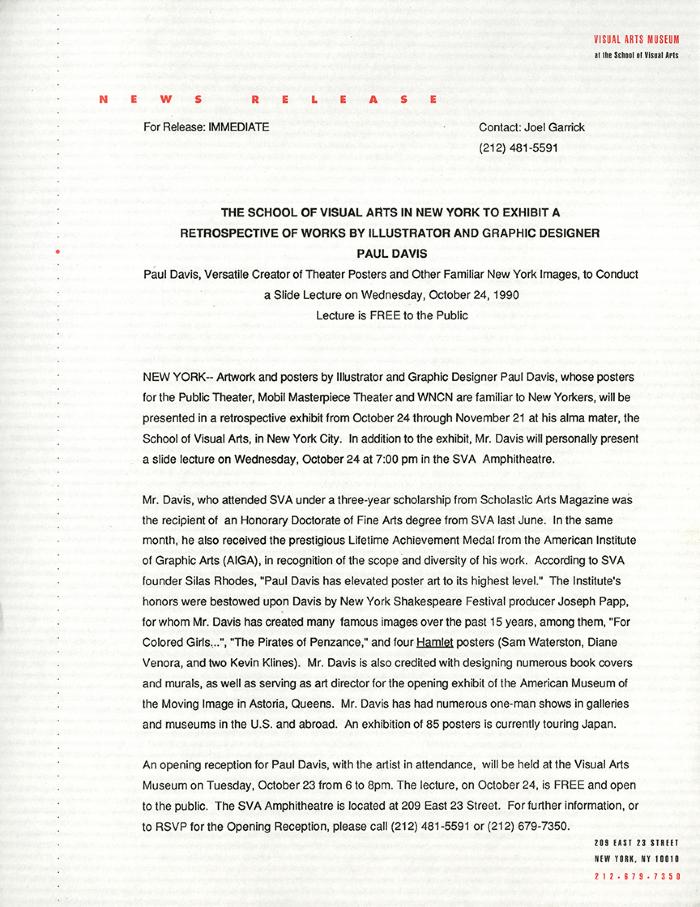 Press Releases depicts: typed press release on Visual Arts Gallery letterhead