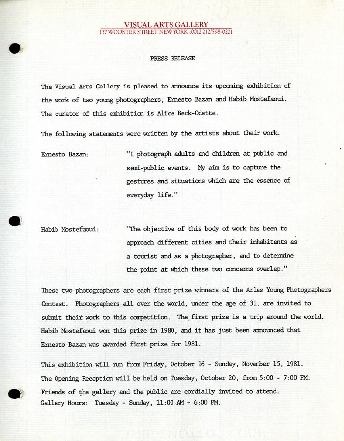 Press Releases depicts: Typewritten description of exhibition