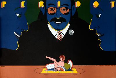 Posters depicts: Three smiling men look down at a tiny woman with no top on stretching her legs on a couch  