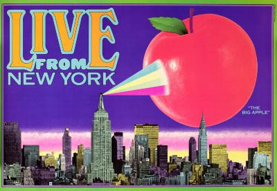 Posters depicts: A gigantic apple floats above the NYC skyline, a multicolor spotlight shines out of one of the buildings onto the apple
