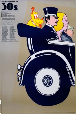 Posters depicts: 3 figures all drawn in a different cartoonish style ride in the back of a car, a cartoon dog rides with them 