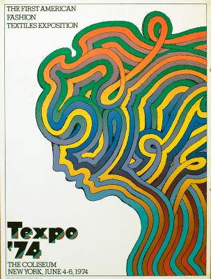 Posters depicts: Profile illustration of a woman's face made up of multi color squiggly lines 