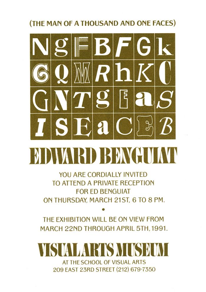 Announcements and invitations depicts: four by seven grid of different letters in various typefaces above reception and exhibition details
